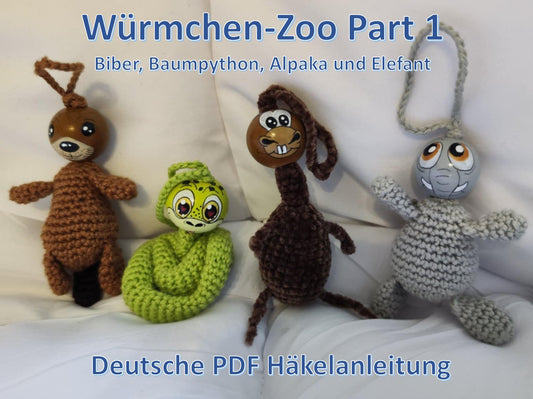 🧶 Häkelanleitung BUNDLE: Würmchen-Zoo – Part 1 🦙🦫🐘🐍