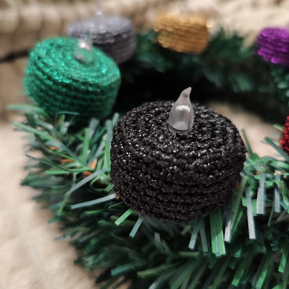 LED-Teelichter mit Glitzerwolle – handgehäkelt in Wunschfarbe