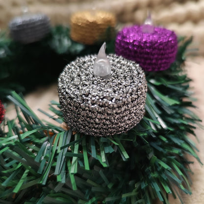 LED-Teelichter mit Glitzerwolle – handgehäkelt in Wunschfarbe