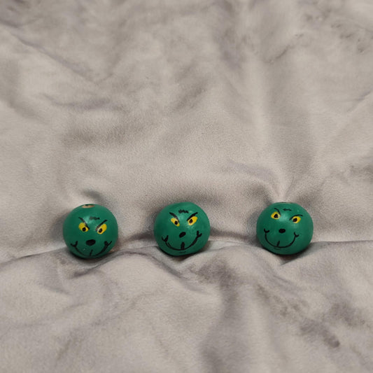 💚 3er-Set „Grinch“-Holzköpfchen – frech, grün & mit Grinsemiene