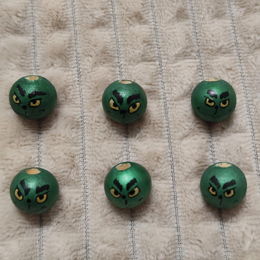 Grinch-Köpfchen 6er-Set – Metallic-Grün mit goldenen Augen, handbemalt, 2 cm