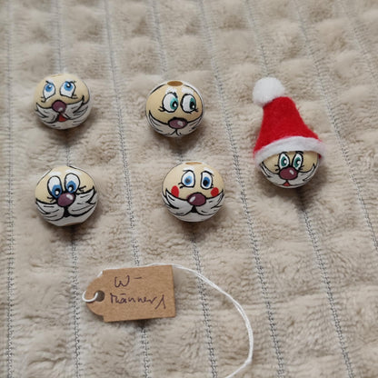 Weihnachtsmann-Köpfchen 5er-Set – handbemalte Holzköpfe mit bunter Nase, 2 cm, Mütze optionaloptional