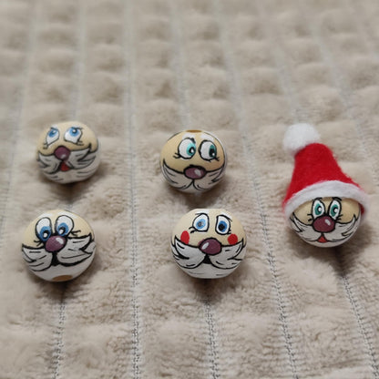 Weihnachtsmann-Köpfchen 5er-Set – handbemalte Holzköpfe mit bunter Nase, 2 cm, Mütze optionaloptional