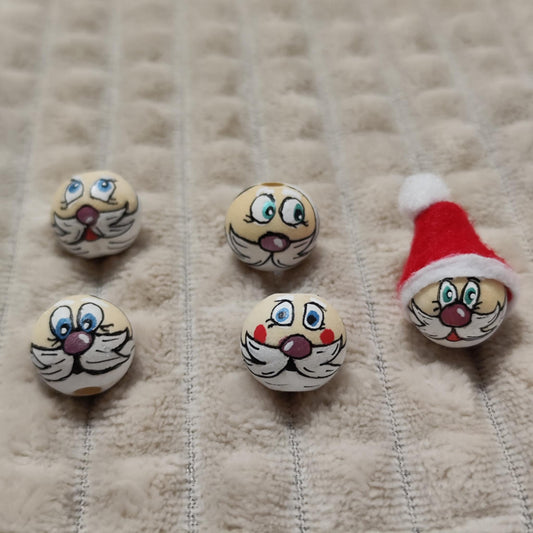 Weihnachtsmann-Köpfchen 5er-Set – handbemalte Holzköpfe mit bunter Nase, 2 cm, Mütze optionaloptional