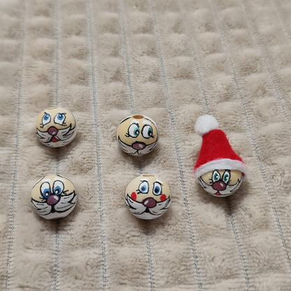 Weihnachtsmann-Köpfchen 5er-Set – handbemalte Holzköpfe mit bunter Nase, 2 cm, Mütze optionaloptional