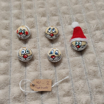 Weihnachtsmann-Köpfchen 5er-Set – handbemalte Holzköpfe mit blauen Augen, 2 cm, Mütze optional