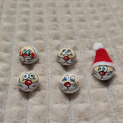Weihnachtsmann-Köpfchen 5er-Set – handbemalte Holzköpfe mit blauen Augen, 2 cm, Mütze optional