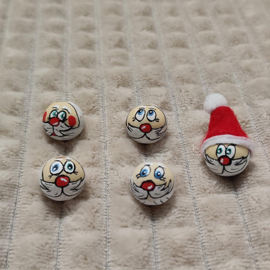 Weihnachtsmann-Köpfchen 5er-Set – handbemalte Holzköpfe mit blauen Augen, 2 cm, Mütze optional
