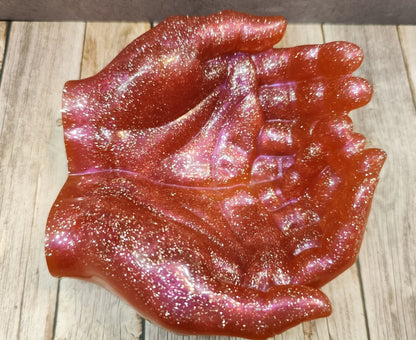 🖐️ Decorative hand bowl made of epoxy resin – red-pink glitter unique piece
